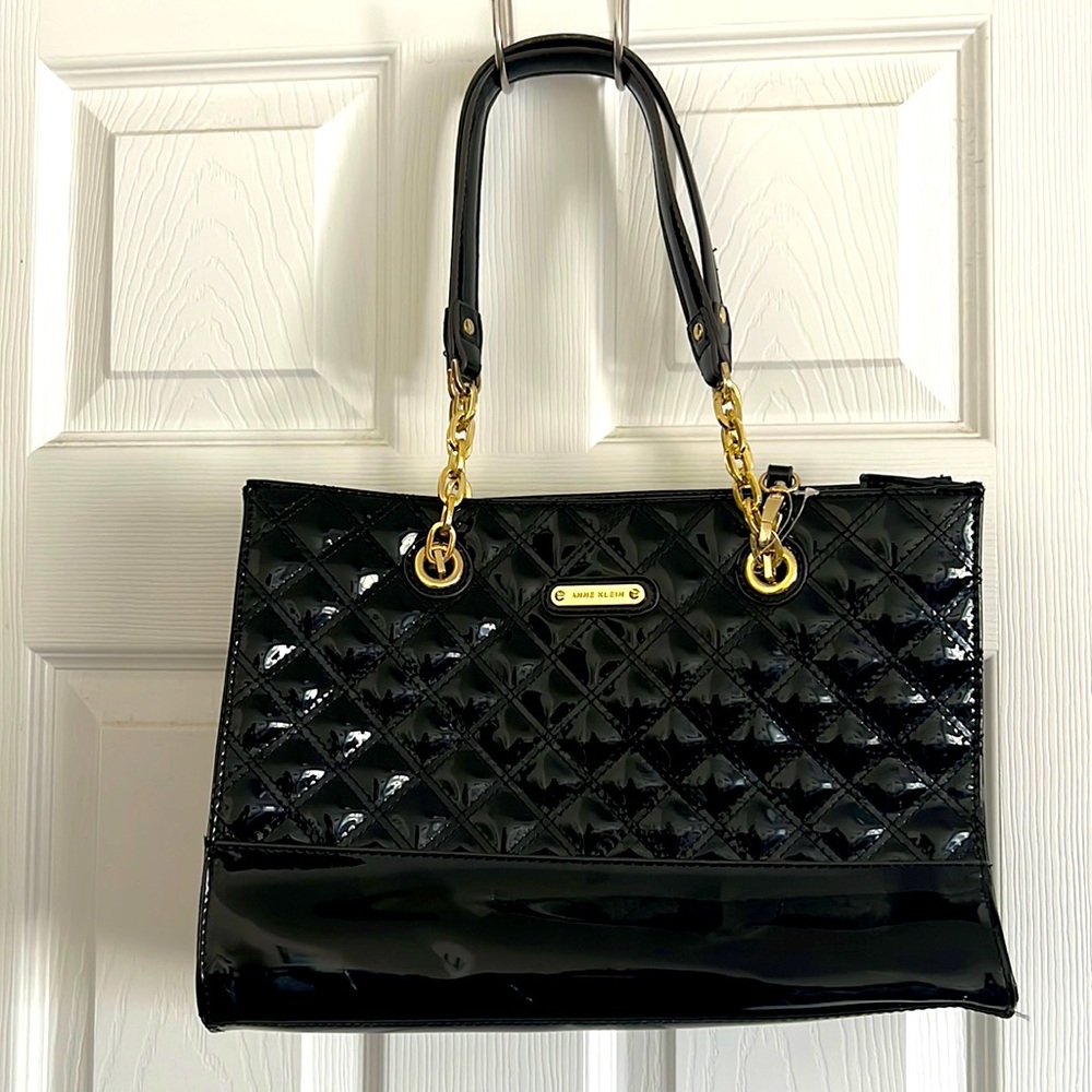 Anne Klein Black Patent Quilted Tote Handbag with Gold Chain Handles